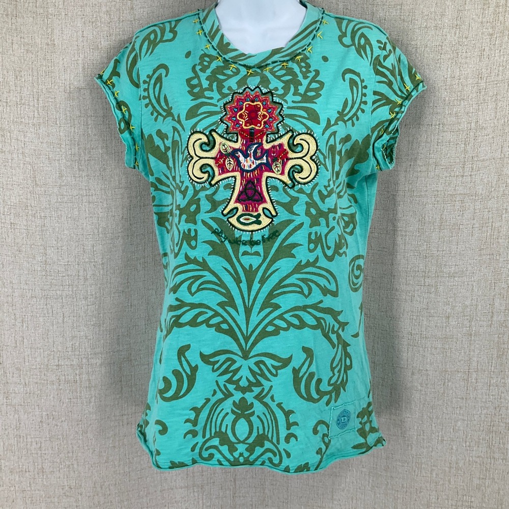 Double D Ranch Top Womens M Turquoise Cotton Embroidered Cross Boho Western